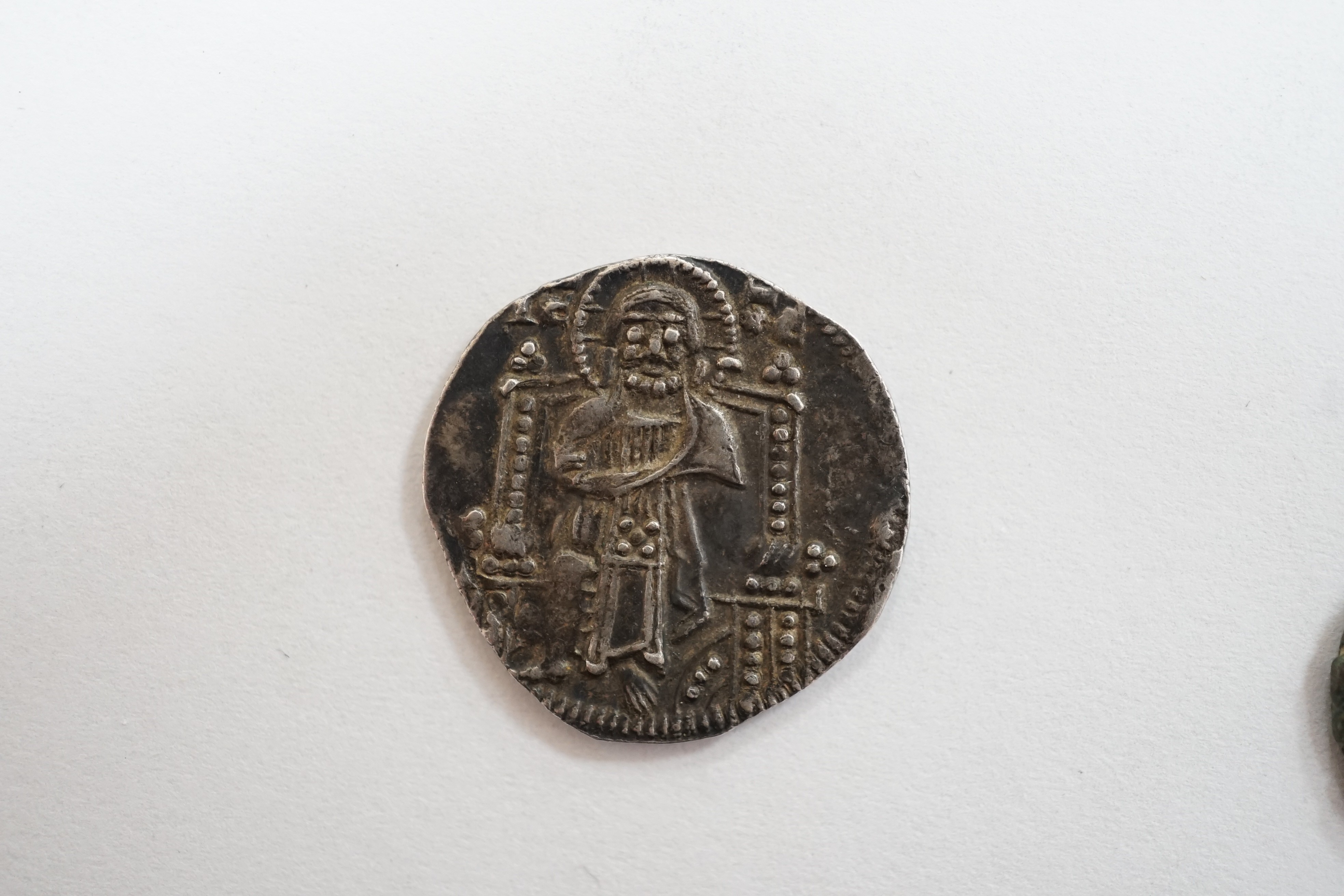 Greek, Celtic and European medieval coinage to include an AR drachm, Illyria, an Iceni Antedios Anted silver unit, a Venetian AR grosso, two deniers tournois, a Charles the Bold 2 Stuivers and a fragment of a lead crucif